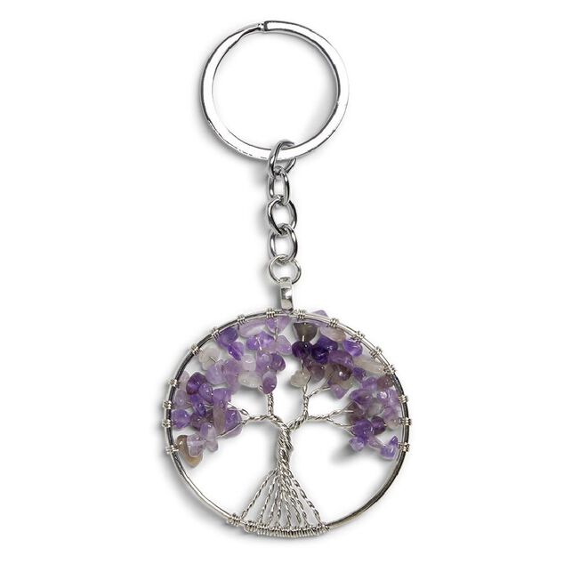 Porte cl&eacute; avec m&eacute;daillon arbre de vie et pierres color&eacute;es - 3 coloris