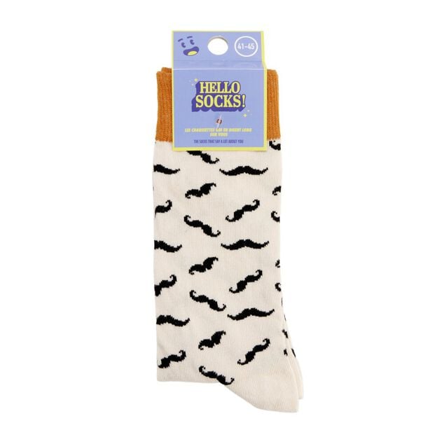 Chaussettes homme tige haute motif moustache coton blanc et orange T41/45
