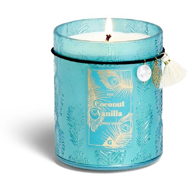 Bougie charm pampille Coconut Vanilla dans verre bleu 55H