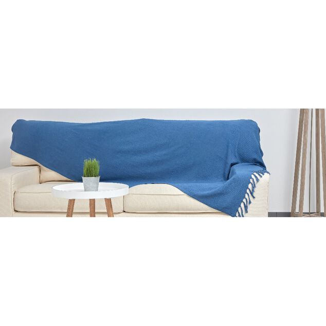 Plaid &agrave; franges uni bleu canard