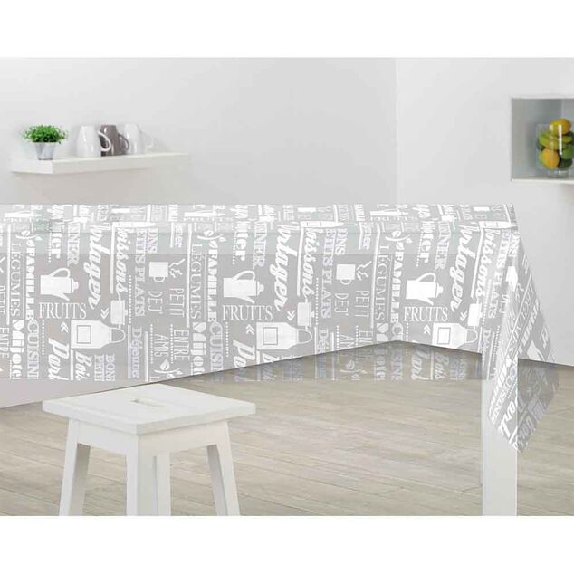 Nappe rectangulaire toile cir&eacute;e inscriptions gris blanc 140x250 cm