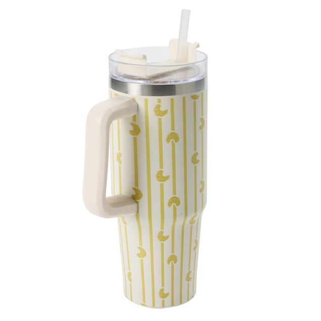 Mug de transport XL inox et plastique imprim&eacute; croissant et rayures avec anse H24cm