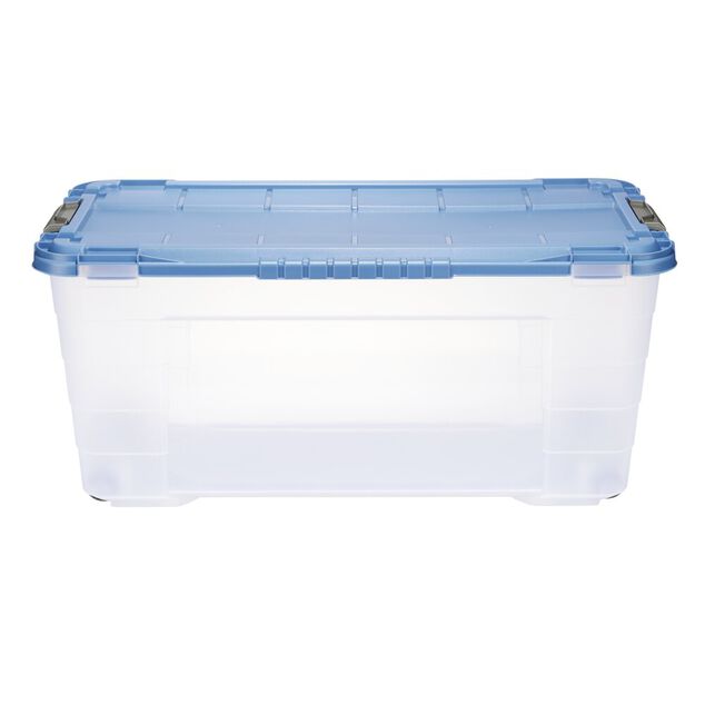 Box de rangement 80L plastique transparent 4 roues couvercle malin bleu 79x39xH36cm