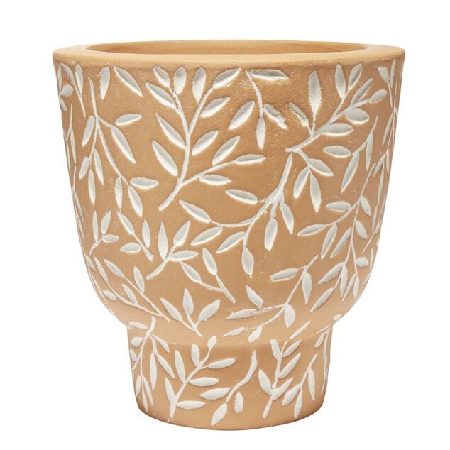 Pot terre cuite orange motif feuillage blanc &Oslash;13,5xH13,5cm