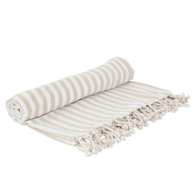 Fouta de plage 2 personnes rayures bayad&egrave;res 180x180cm (2 mod&egrave;les bleu ou beige)