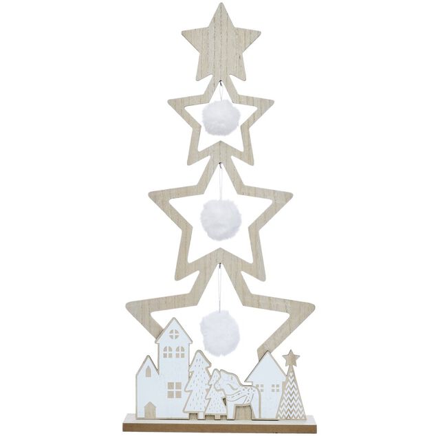 Sapin &eacute;toile en bois &agrave; poser d&eacute;cor chalet blanc H75cm