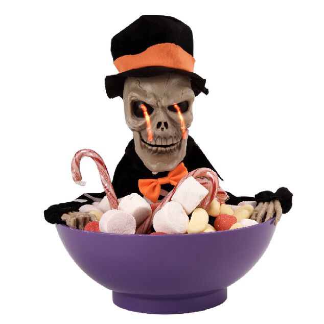 Saladier &agrave; bonbon Halloween squelette anim&eacute; noir et violet