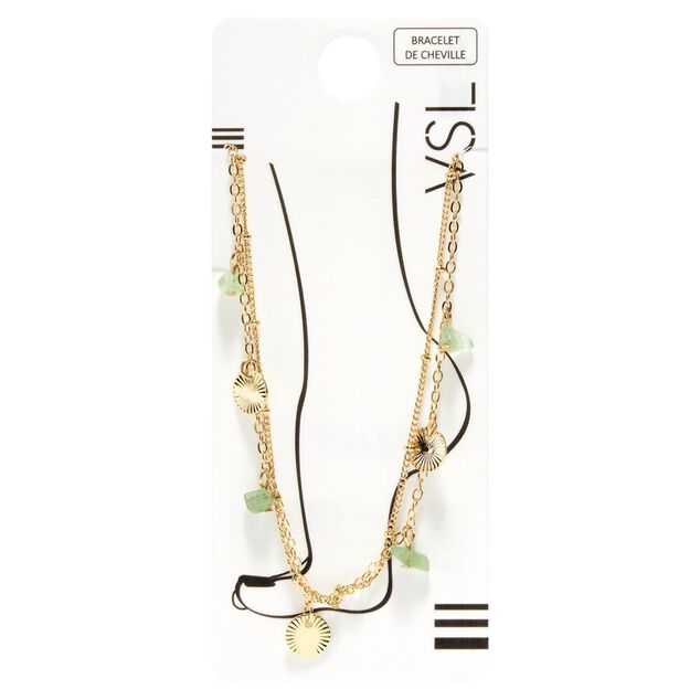 Chaîne de cheville à 2 rangs avec pampilles pierres - vert et doré