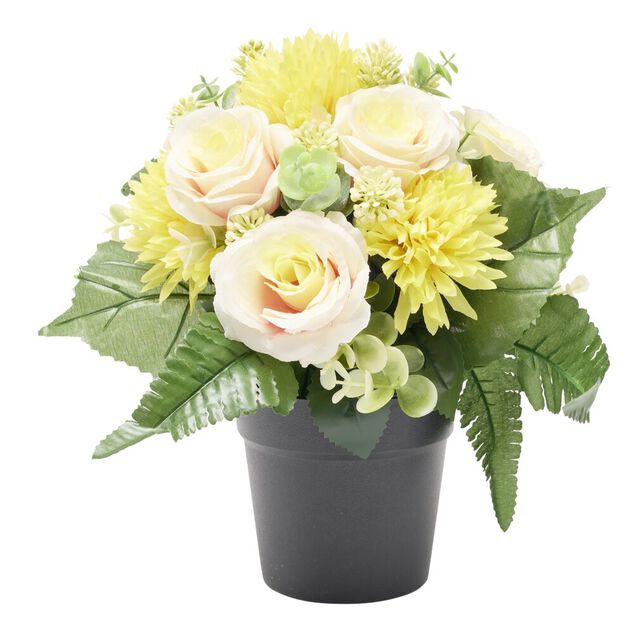Pot de fleurs artificielles roses et chrysanth&egrave;mes jaune &Oslash;26&times;H26cm