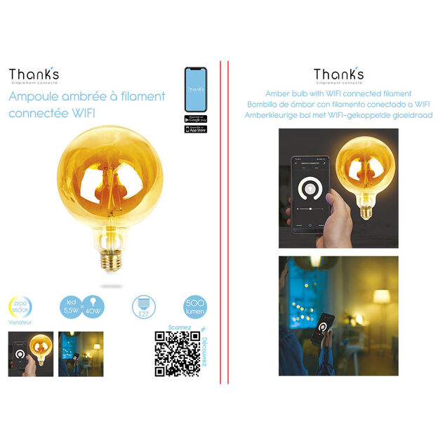 Ampoule bulbe ambr&eacute;e &agrave; filament connect&eacute;e E27 40 W