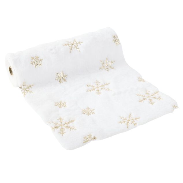 Chemin de table tissu polaire imprim&eacute; &eacute;toiles L300X28 cm blanc et dor&eacute;