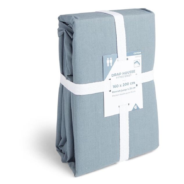 Drap housse 160x200cm 100% coton bleu chin&eacute;