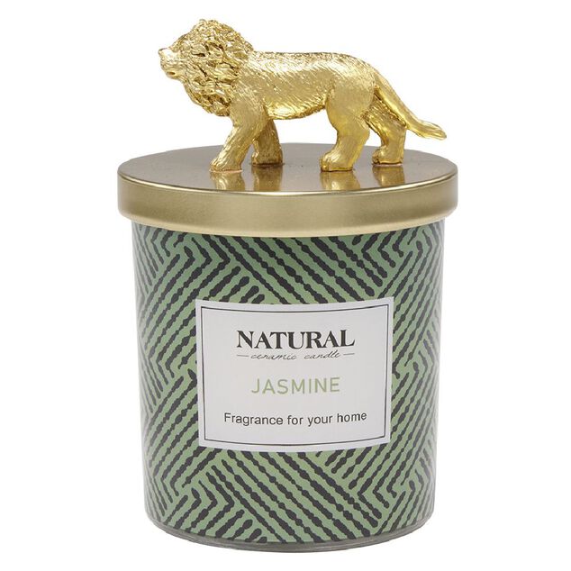 Bougie parfum&eacute;e couvercle animal jungle dor&eacute; &Oslash;8xH12cm