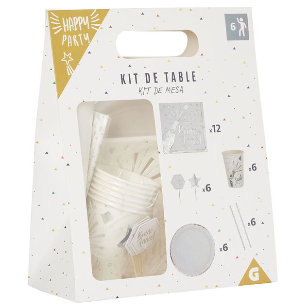 Kit jetable Bonne ann&eacute;e vaisselle et accessoire 6 personnes argent&eacute;