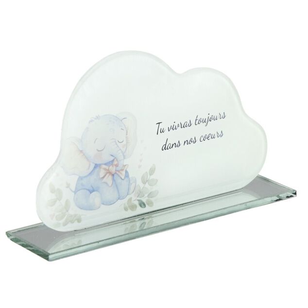 Plaque fun&eacute;raire inscription enfant &eacute;l&eacute;phant forme nuage verre bleu 16x3,5H9,5cm