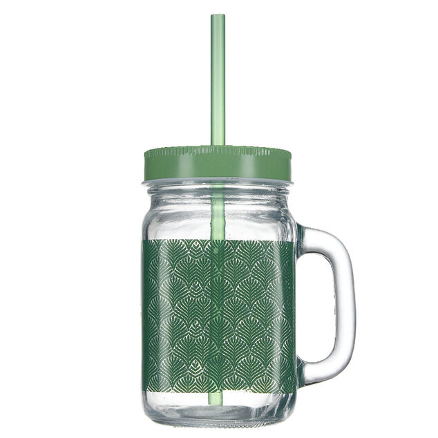 Gobelet en verre imprim&eacute; avec poign&eacute;e paille et couvercle 480ml