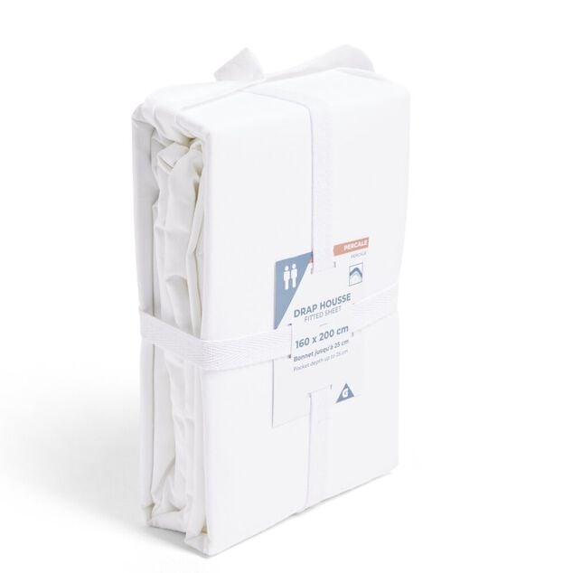 Drap housse 160x200cm 100% coton percale blanc