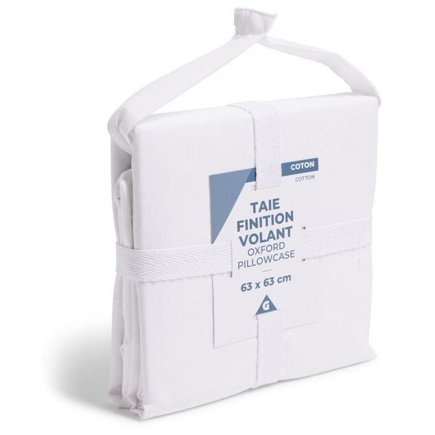 Taie d'oreiller 63x63cm 100% coton finition volant blanc