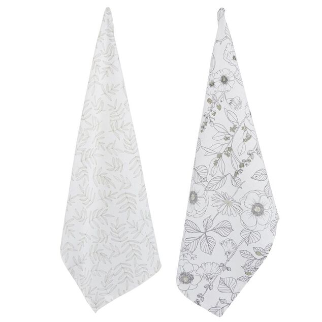 Torchon x2 coton beige motif v&eacute;g&eacute;tal 45x65cm