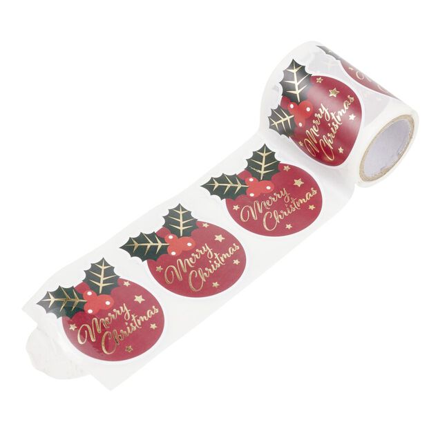 &Eacute;tiquette autocollante No&euml;l x50 houx Merry Christmas rouge th&egrave;me fantasia 5x5cm