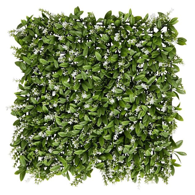 Carr&eacute; v&eacute;g&eacute;tal artificiel feuillage et fleurs blanches 50x50cm clipsable