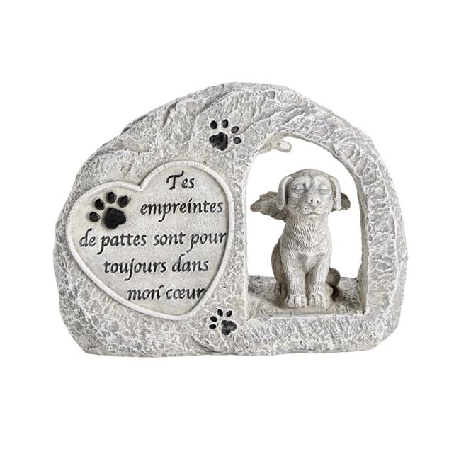 Plaque funéraire solaire LED avec chien polyrésine gris 15x5xH11,5cm