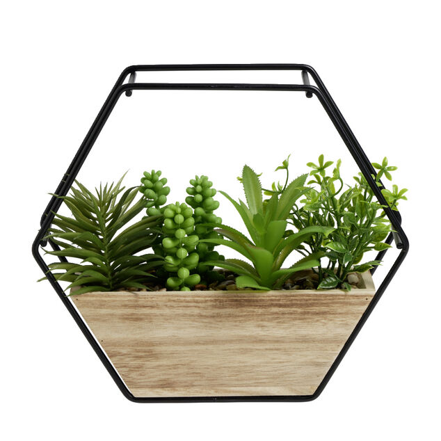 Pot hexagonal avec plantes vertes artificielles en bois et m&eacute;tal 20,5x5xH20,5cm