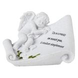Plaque fun&eacute;raire + d&eacute;cor statuette ange couch&eacute; r&eacute;sine blanc