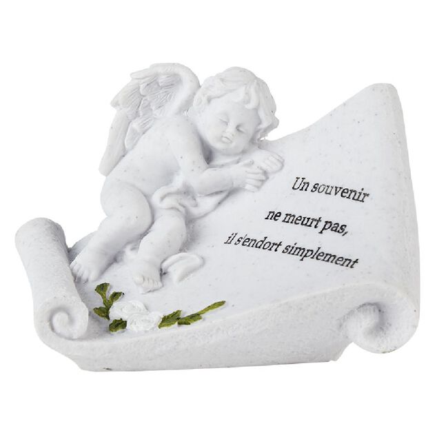 Plaque fun&eacute;raire + d&eacute;cor statuette ange couch&eacute; r&eacute;sine blanc