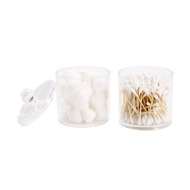 Rangement cosm&eacute;tique plastique transparent avec coton et coton tige bambou &Oslash;10xH19cm