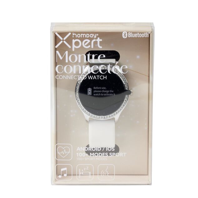 Montre connectée ronde strass bracelet silicone Ø5cm (2 modèles blanc ou rose)