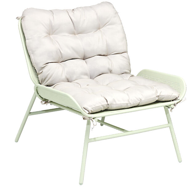 Fauteuil loveuse m&eacute;tal vert avec coussin beige 89xP79xH86cm