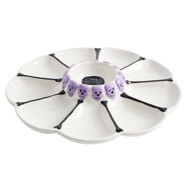 Assiette &agrave; tapas Halloween motif t&ecirc;te de mort dolomite blanc &Oslash;24cm
