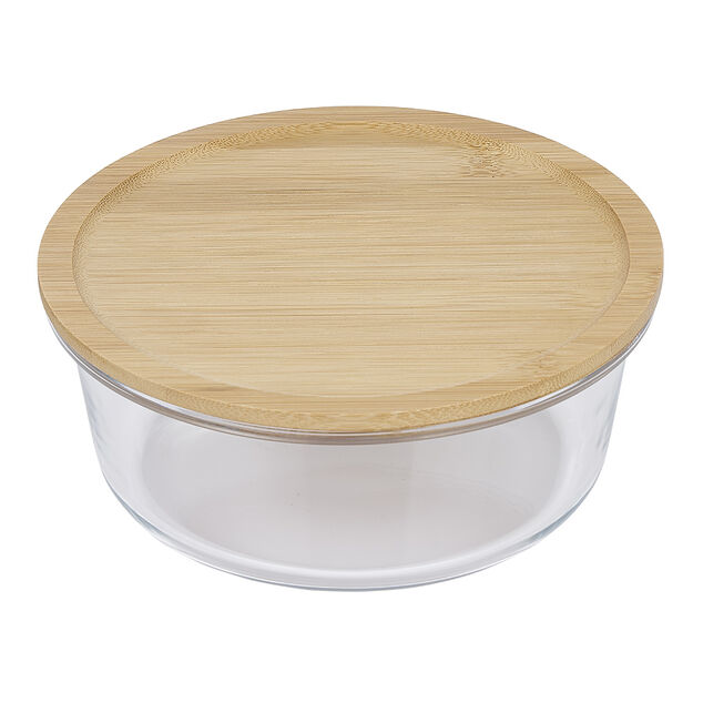 Bo&icirc;te de conservation ronde en verre avec couvercle en bambou 850 ml