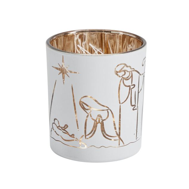 Photophore de Noël ajouré scène nativité Merry Christmas Ø7xH8cm (2 modèles)