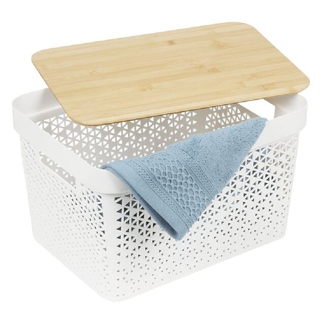 Pani&egrave;re de rangement blanche avec couvercle en bambou grand mod&egrave;le