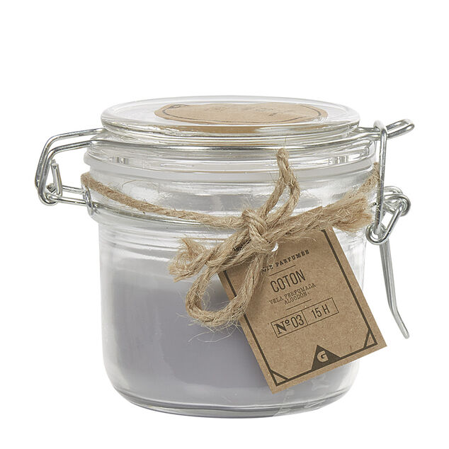 Bougie parfum&eacute;e grise dans pot en verre senteur coton