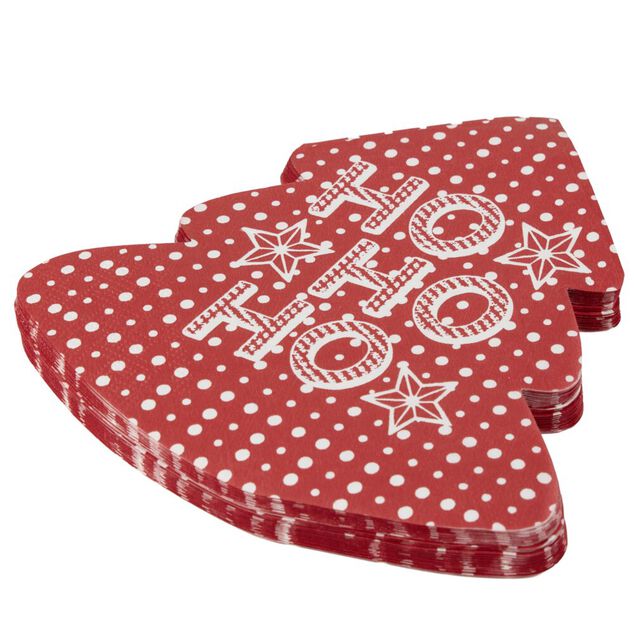 Serviette en papier X20 pcs forme sapin imprim&eacute; "HoHoHo" 16X16 cm rouge