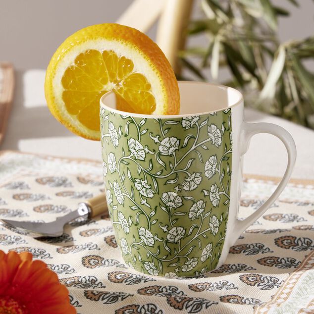 Mug c&eacute;ramique motif floral Indie &Oslash;9,5xH8cm (2 mod&egrave;les beige ou vert)