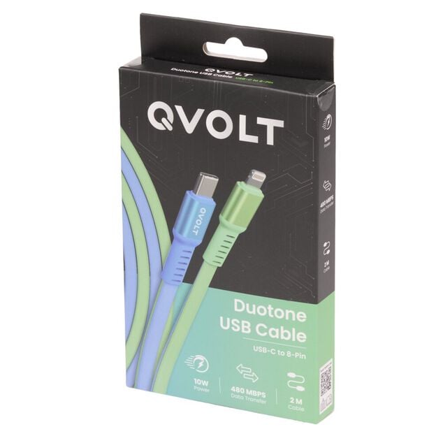 C&acirc;ble USB-C vers Lightning charge rapide bicolore vert et bleu 2m