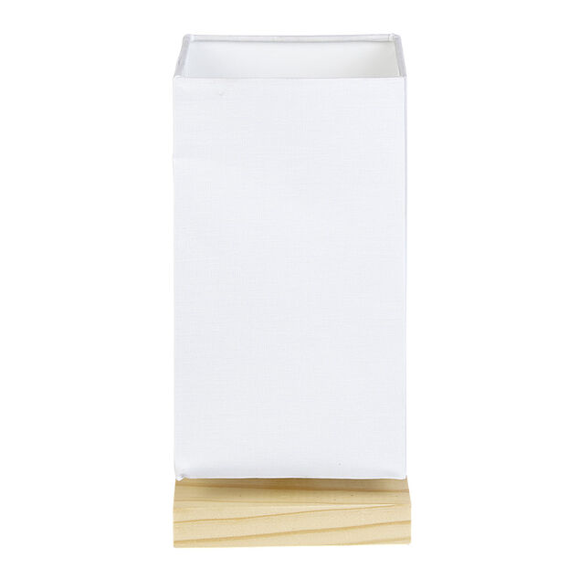 Lampe de chevet abat jour blanc sur base carrée en pin naturel