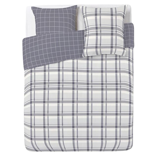 Parure de lit 2 places finition boutons coton &agrave; carreaux gris