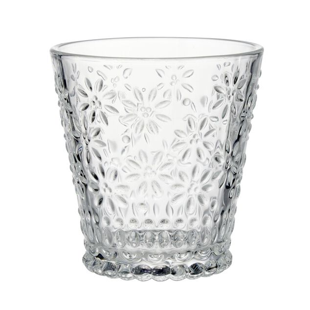 Verre 32cl en verre motif fleur en relief &Oslash;8,6xH9cm (2 mod&egrave;les)