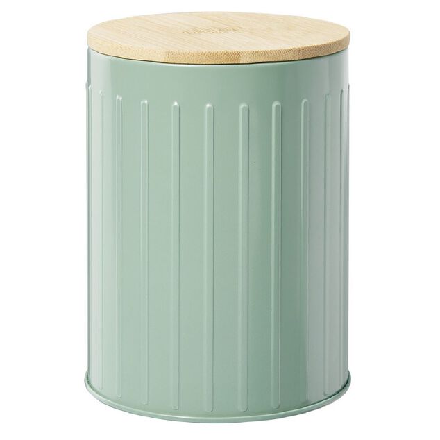 Bo&icirc;te ronde m&eacute;tal emboss&eacute;e avec couvercle bambou &Oslash;10xH13,5cm