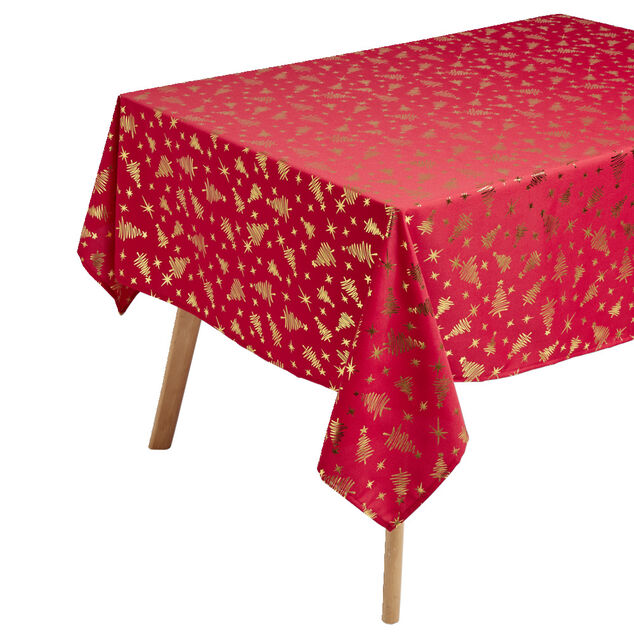 Nappe en tissu rouge motif sapin dor&eacute; 140x300cm