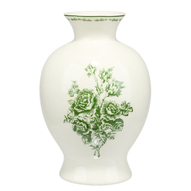 Vase rond dolomite imprim&eacute; toile de Jouy &Oslash;13XH23 cm vert fond blanc