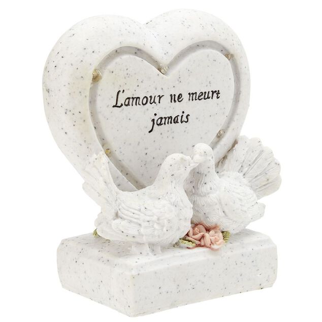 Coeur fun&eacute;raire lumineux + colombe x2 en r&eacute;sine