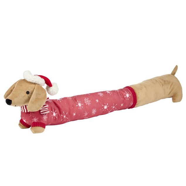 Boudin de porte teckel de No&euml;l polyester L90X12 cm (2 mod&egrave;les rouge ou vert)