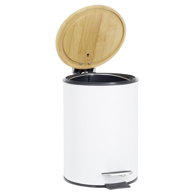 Poubelle salle de bain métal et bambou blanc