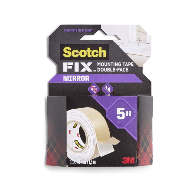 Scotch adh&eacute;sif double face Miroir et Salle de bain charge 5kg 19mm 1,5m